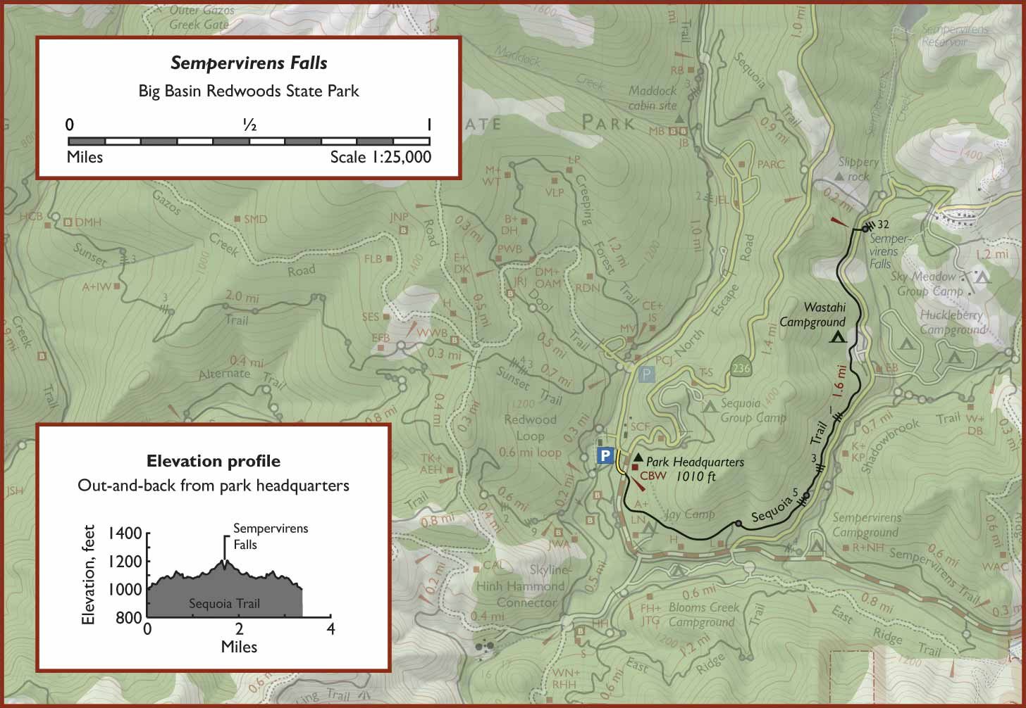 Map of the Sempervirens Falls hike in Big Basin Redwoods State Park