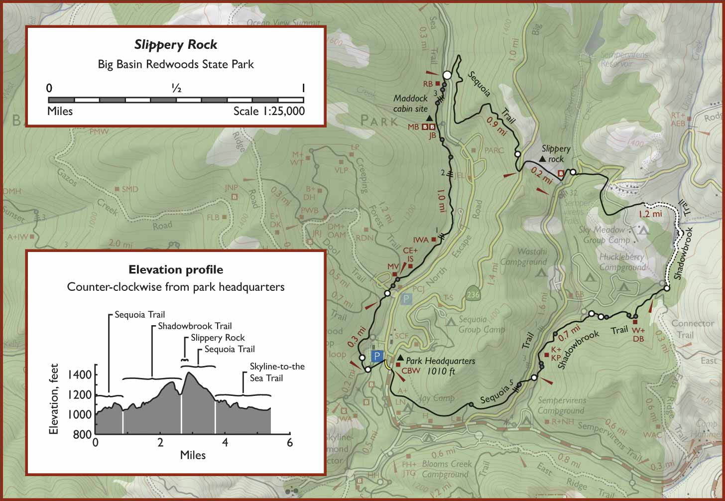 Map of the Slippery Rock loop, Big Basin Redwoods State Park