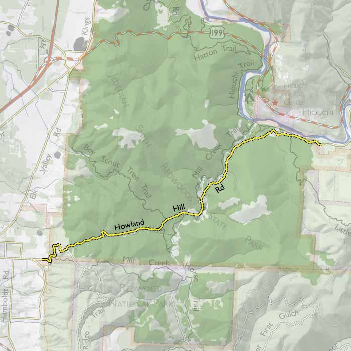 Map of Howland Hill Road in Jedediah Smith Redwoods State Park
